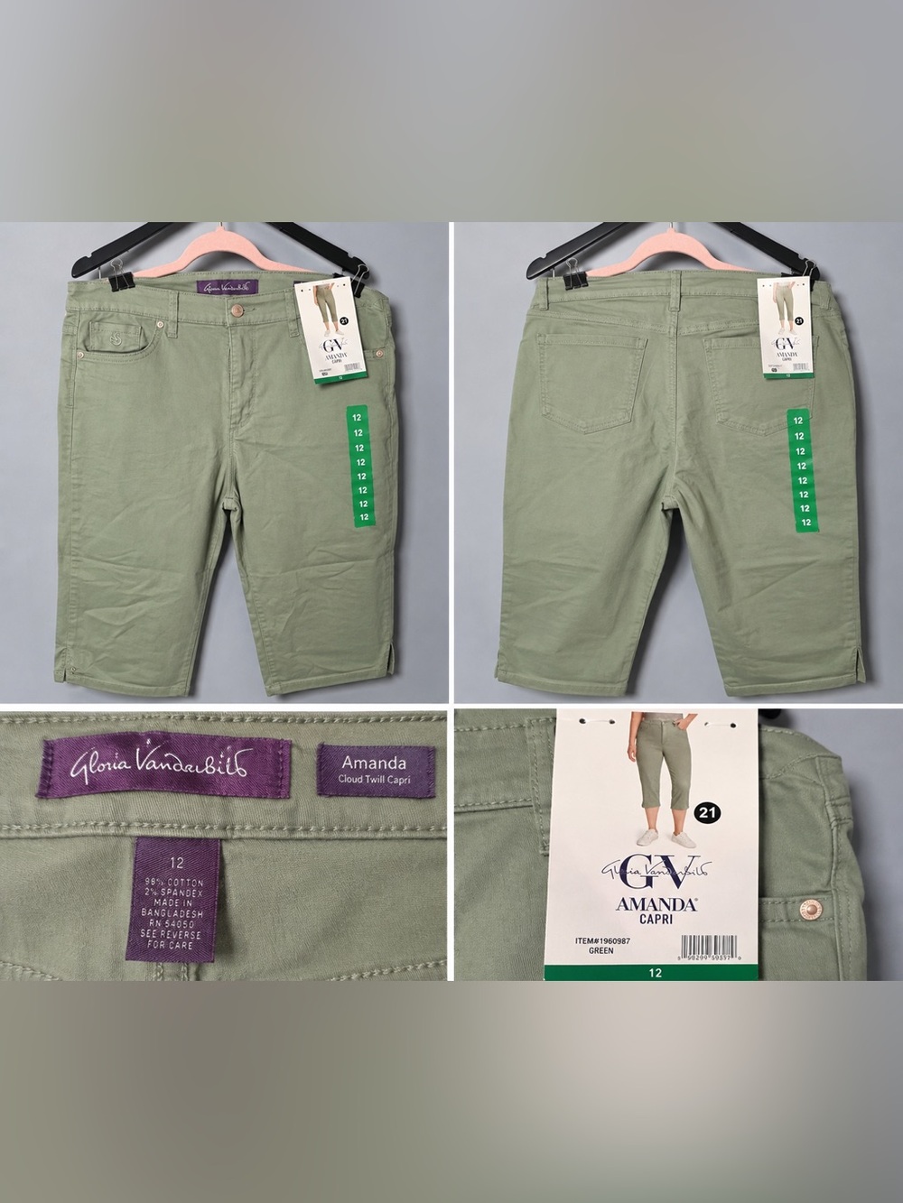 Gloria Vanderbilt Amanda Cloud Twill Capri Pants Green Size 12 NWT